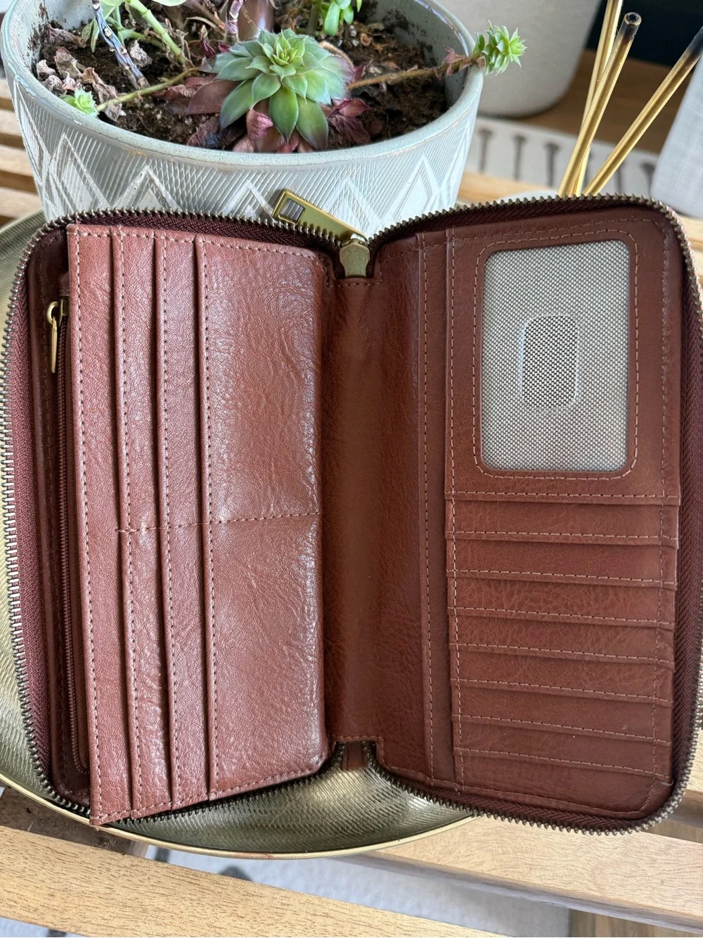 Fossil Leather Zip Wallet in Deep Rust